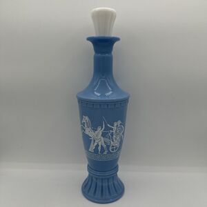 Vintage Jim Beam Blue White Milk Glass Etched Greek Chariots Liquor Decanter